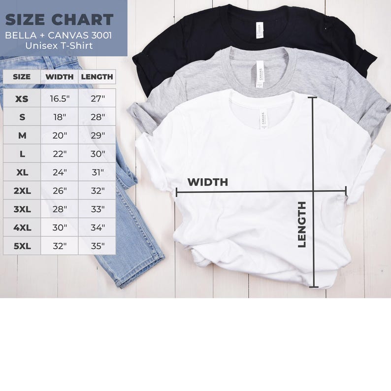 May include: Three unisex Bella + Canvas 3001 t-shirts in black, grey, and white are displayed. A size chart shows width and length measurements in inches for sizes XS to 5XL. The chart includes measurements from 16.5" to 35" in length and 16.5" to 32" in width.