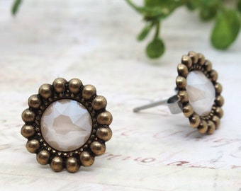 Vintage Victorian Boho Style Antique Brass Round Swarovski Rhinestone Studs in Pink Whisper