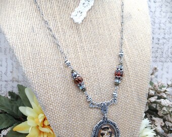 Victorian Style Antique Silver Glass Cameo Pendant Necklace- Queen of Hearts