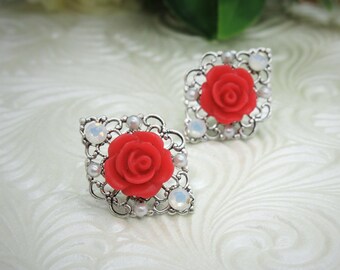 Vintage Style Rose and Antique Silver Filigree Stud Earrings with Swarovski Rhinestones in Valentine Red