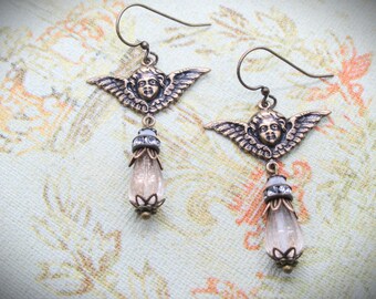 Victorian Style Antique Brass Cherub and Czech Glass Teardrop Dangle Earrings- Gold Speckle Drops