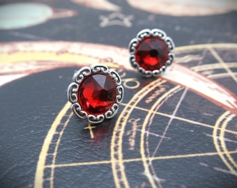 Vintage Victorian Boho Style Antique Silver Round Swarovski Rhinestone Studs in Bright Red