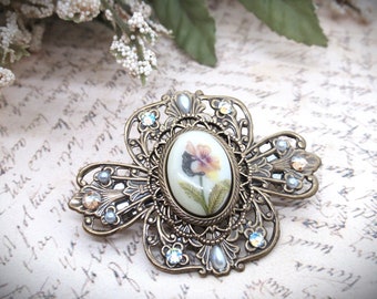 Antique Brass Vintage Victorian Style Medium Floral Cameo Hair Clip- Vintage Violet