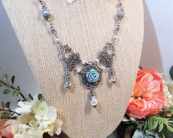 Vintage Style Blue Rose and Pearl Filigree Focal Necklace in Antique Silver