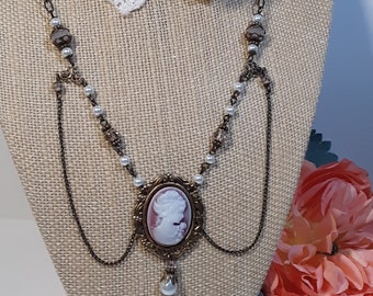 Cameo Focal Necklace with Chain Drape in Burgundy and Antique Brass