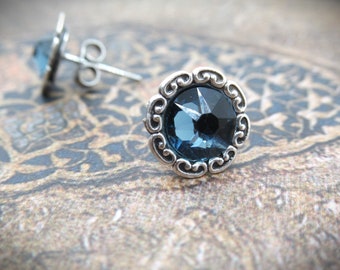 Vintage Victorian Boho Style Antique Silver Round Swarovski Rhinestone Studs in Montana Blue