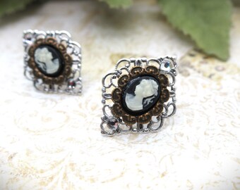Vintage Style Cameo Antique Silver Filigree and Brass Layered Stud Earrings in Black and Ivory