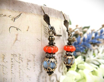 Vintage Victorian Style Antique Brass Czech Glass Bead Lever Back Earrings in Light Blue and Orange