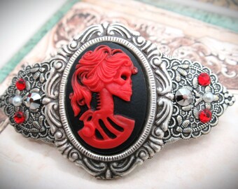 Vintage Style Antique Silver Gothic Victorian Skull Cameo Hair Clip- Toxic Red