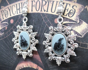 Antique Silver Gothic Victorian Raven Cameo and Czech Bead Dangle Earrings- Graveyard Mist Grey