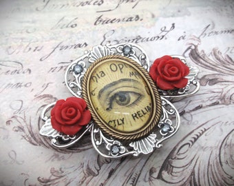 Victorian Style Antique Silver and Brass Filigree Glass Eye Cameo and Rose Hair Clip