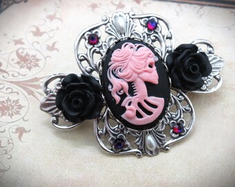 Antique Silver Vintage Victorian Style Medium Skull and Rose Cameo Hair Clip- Pink