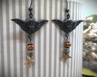 Blackened Brass Victorian Cherub and Star Dangle Earrings