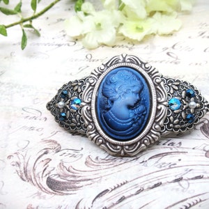 Victorian Style Antique Silver Cameo Hair Clip- Midnight Blue
