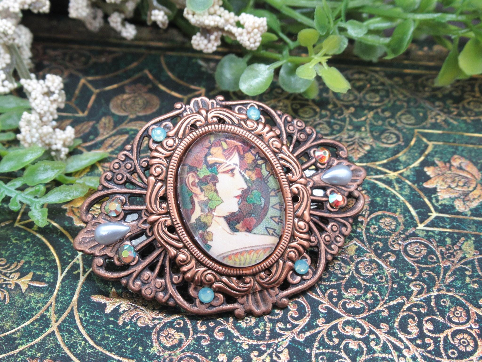 Handmade Hair Barrette w/repurposed Antique 1950’s Crystal in Copper Amazon.com: Antique silver or rose gold crystal hair clip  main image 2