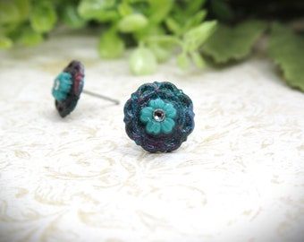 Flower and Filigree Small Shabby Chic Stud Earrings- Teal and Blue Green Red Speckle