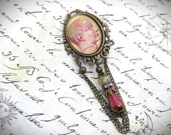 Vintage Style Antique Brass Oddity Cameo Chain and Teardrop Bead Brooch Pin- Phrenology Head