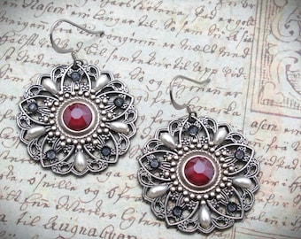 Victorian Style Layered Round Gunmetal and Antique Silver Filigree Disc Earrings in Blood Ruby Red