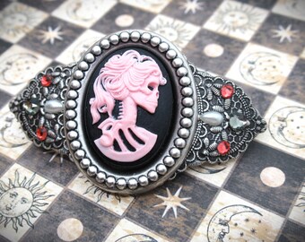 Vintage Style Antique Silver Gothic Victorian Skull Cameo Hair Clip- Valentine Pink