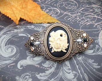 Vintage Style Antique Brass Gothic Victorian Skull and Rose Cameo Hair Clip- Black and Ivory