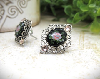 Vintage Style Rose Cameo Antique Silver Filigree Stud Earrings with Swarovski Rhinestones in Black and Romantic Pink