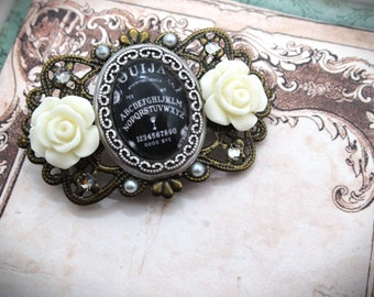 Vintage Style Small Antiqued Brass Filigree Picture Cameo Hair Clip- Ouija Rose