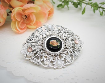 Antique Silver Vintage Victorian Style Medium Rose Cameo Hair Clip in Pink and Black