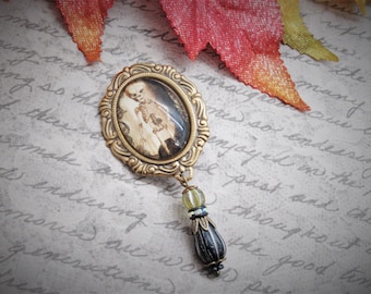 Victorian Style Antique Brass Glass Skeleton Cameo and Czech Bead Dangle Brooch