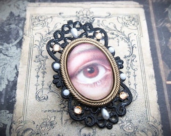Vintage Victorian Style Black Filigree Photo Cameo Brooch Pin- Lover's Eye