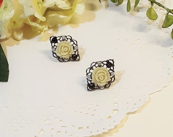 Rose Stud Earrings Brass Filigree and Pearl Rhinestone Vintage Inspired in Cream/Ivory