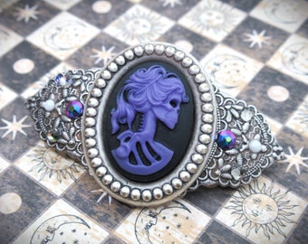 Vintage Style Antique Silver Gothic Victorian Skull Cameo Hair Clip- Nightshade Purple