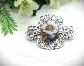 Antique Silver Vintage Victorian Style Medium Floral Cameo Hair Clip in Blue and Ivory White