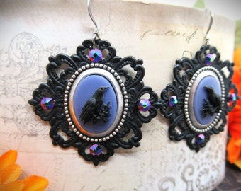 Large Layered Black and Silver Filigree Raven Cameo Dangle Earrings- Purple Mist