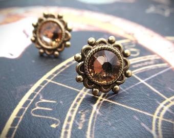 Vintage Victorian Boho Style Antique Brass Round Rhinestone Studs in Sparkling Topaz