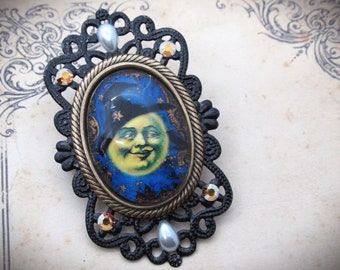 Vintage Victorian Style Black Filigree Photo Cameo Brooch Pin- Witchy Moon