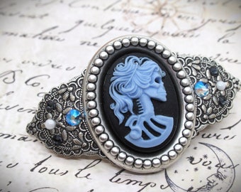 Vintage Style Antique Silver Gothic Victorian Skull Cameo Hair Clip- Blue Moon