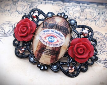 Vintage Style Small Black Filigree Picture Cameo Hair Clip with Roses- Victorian Eye Cameo