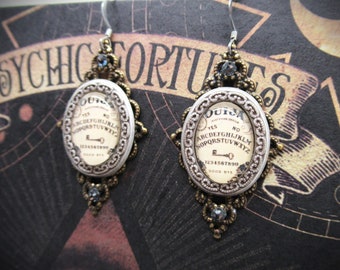 Long Antique Brass Diamond Filigree Ouija Board Cameo Dangle Earrings