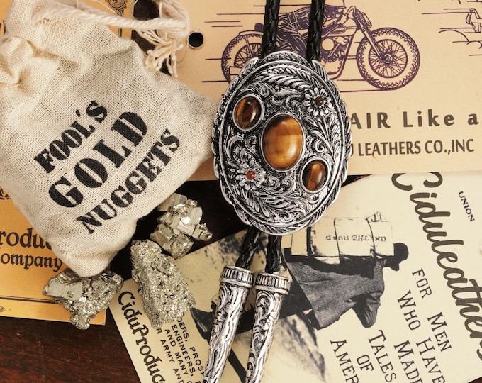 Navajo Style Bolo Tie for Men, Vintage Silver Western Cowboy Necktie, Southwestern Tiger Eye Bolo Ties  for Groom