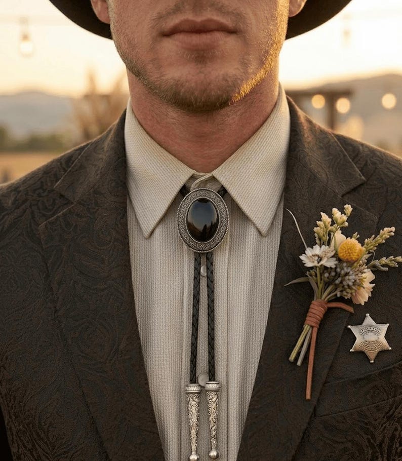 May include: A close-up of a person wearing a dark brown paisley patterned blazer, a light beige collared shirt, and a bolo tie with a black oval stone. A small bouquet and a sheriff's badge are pinned to the blazer.