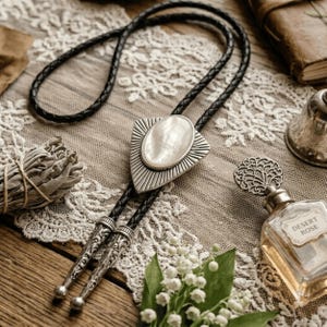 May include: A black leather bolo tie with a silver-toned pendant featuring an oval, pearlescent center. The pendant has a sunburst design. The tie has decorative silver tips. The image also includes a bottle of perfume and a bundle of sage.