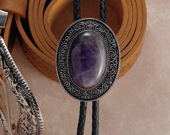 Collar de corbata de bolo de amatista púrpura: bolo de piedra ovalada occidental, corbata de vaquero del suroeste