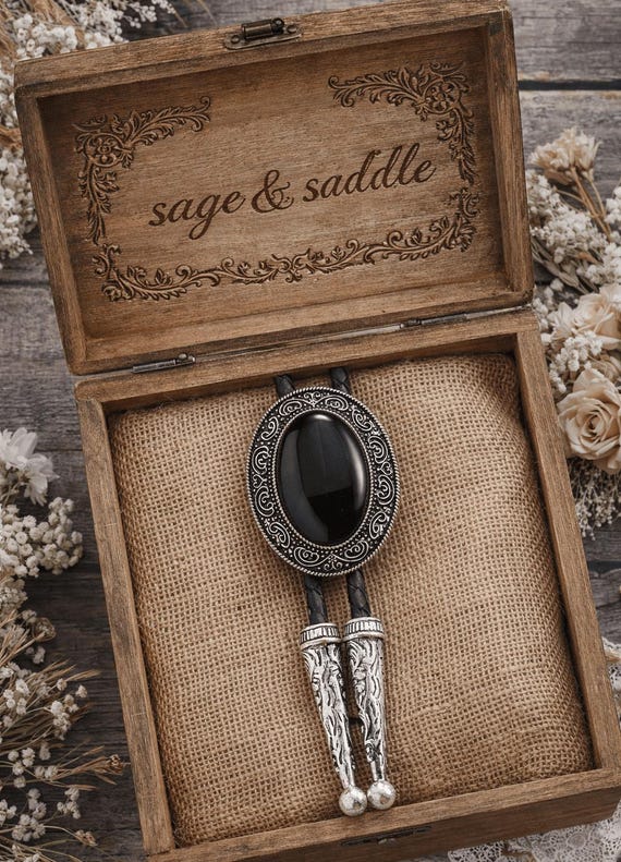 Black Onyx Western Bolo Tie for Men, Cowboy Groom Wedding Tie, Vintage Silver Southwestern Necklace