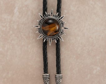 Tiger Eye Bolo Tie: Western Cowboy Necklace for Men Women, Vintage Silver Star Bolo