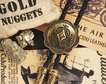 Gold Bolo Tie: Vintage Cowboy Style Brass Concho with Black Leather Cord Western Wedding Groomsmen Gift