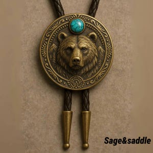 Bear Spirit Bolo Tie Vintage Western Turquoise Bolo Ties  Leather Cord Necktie Accessories Gothic Bear Cowboy Necktie Gift for Men