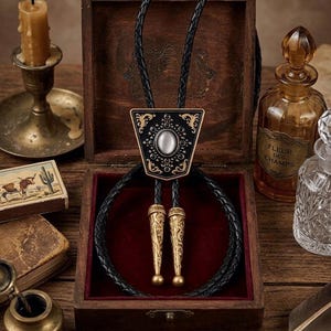 Black Mother of Pearl Bolo Tie, Vintage Western Style, Gothic Triangle Pendant, Leather Cord