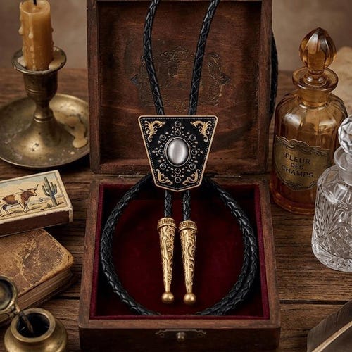 Black Mother of Pearl Bolo Tie, Vintage Western Style, Gothic Triangle Pendant, Leather Cord