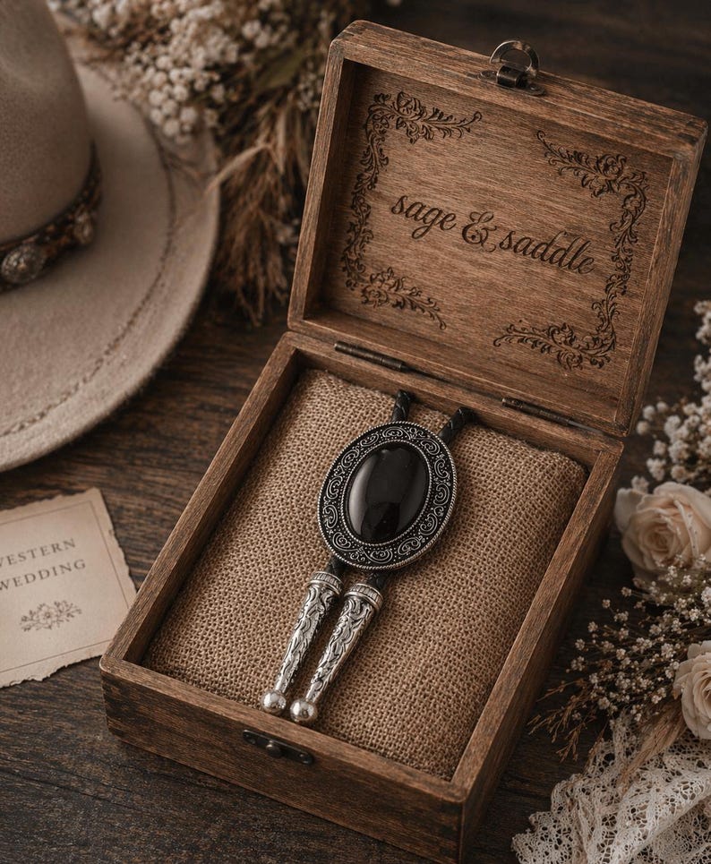 May include: A wooden box with the words "sage & saddle" engraved on the inside. The box contains a bolo tie with a black oval stone and silver-colored metal accents. The tie rests on a burlap-like fabric.