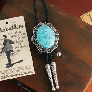 Turquoise Bolo Tie: Silver Engraved Cowboy Necktie, Braided Leather Cord